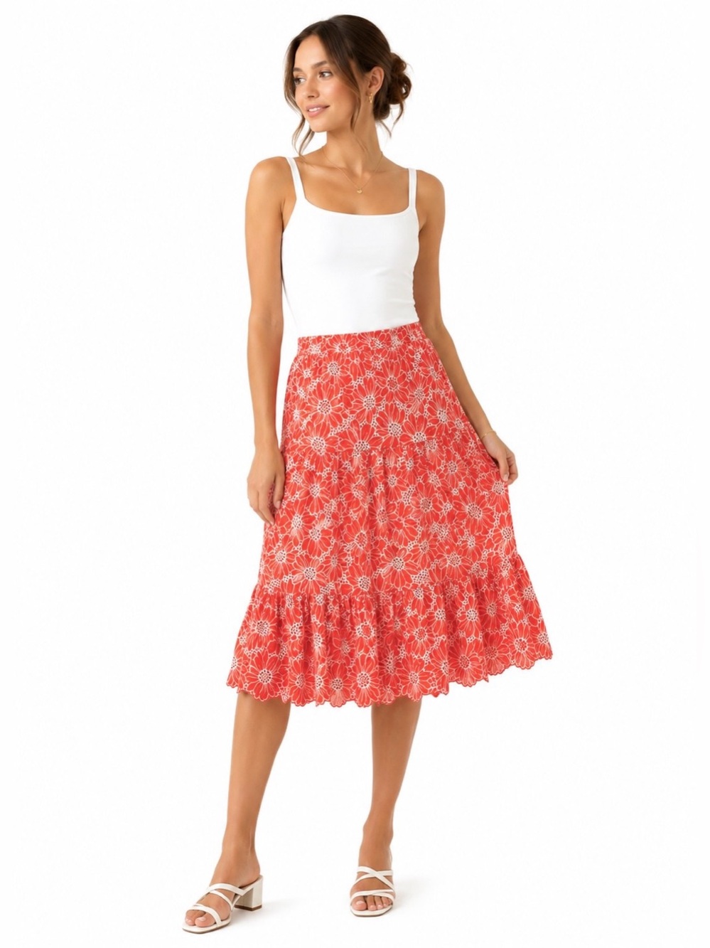 Jaclyn Smith Tiered Eyelet Embroidered Midi Coral & White Size Skirt X-Large